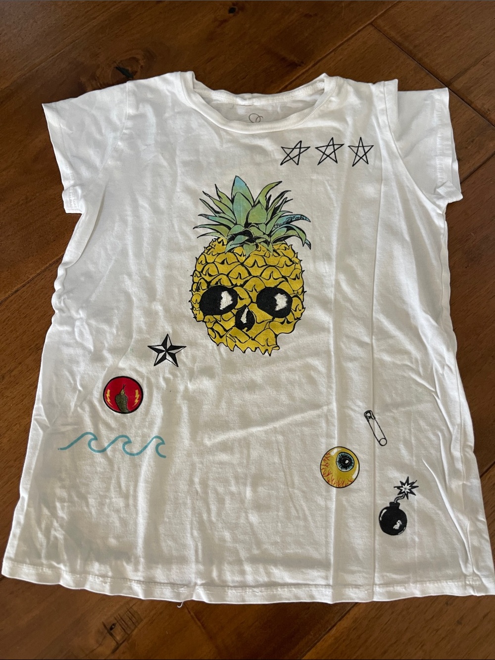 White Pineapple Skull Graphic Tee for Kids- Flaw noted